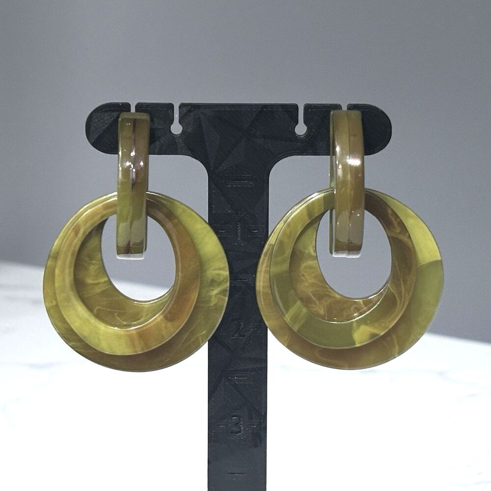 Door Knocker Earrings Statement Retro Green Marbled Hoop Drop Mod Pierced Post